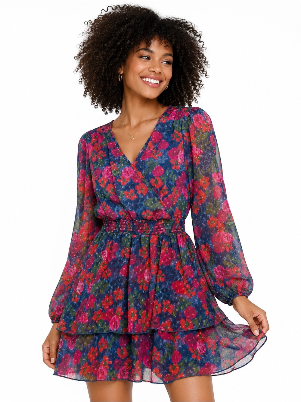 Peach Love Floral Long Sleeve Smocked Mini Dress L NWT Vacation Wedding Guest